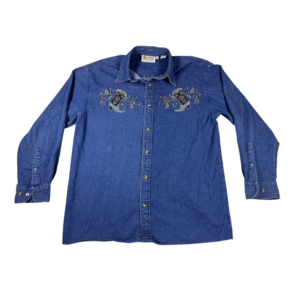 Christine Alexander XL Denim Shirt Rhinestone Embellished Western Button Up Blue